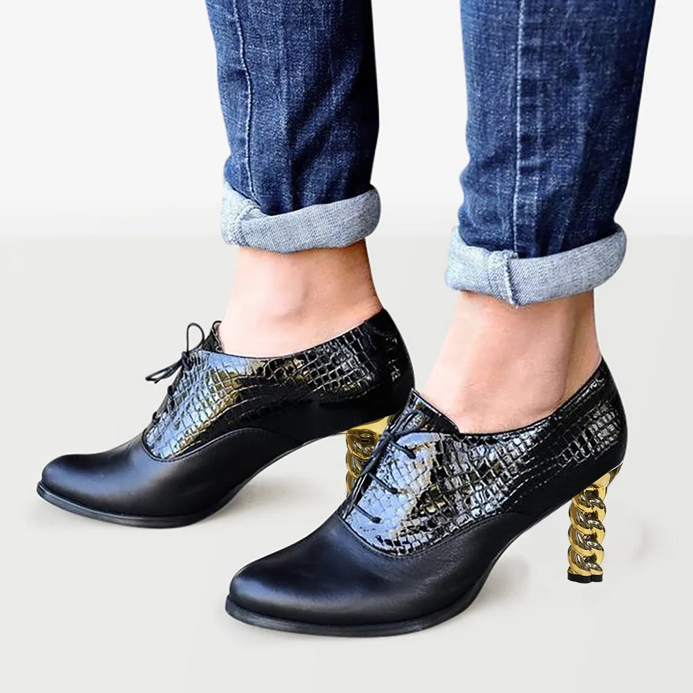 Black  Round Toe Lace Up Oxford Shoes With Decorative Heels Nicepairs