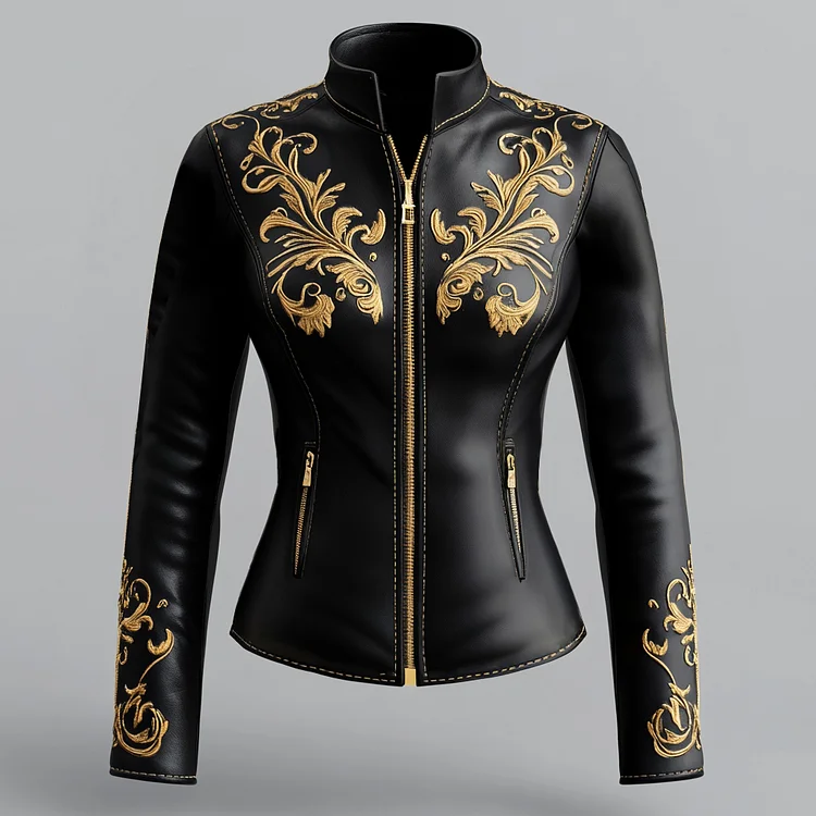 Ursime PU Leather Floral Embroidery Zipper Jacket