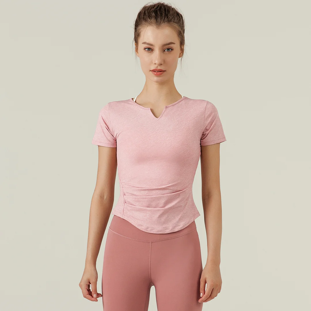 Buy elegance gray v neck scrunch sides quick dry sweat wicking breathable sports running t shirt of high quality on Hergymclothing