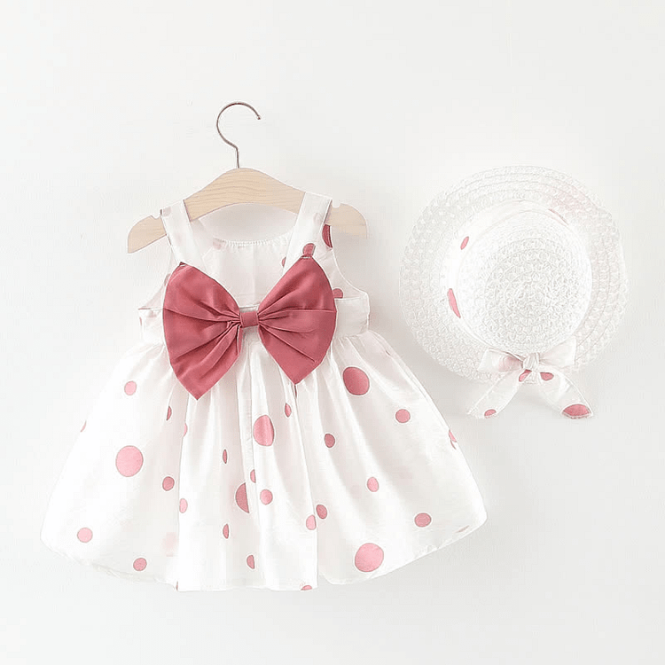 Polka Dot Bow Strap Dress with Hat