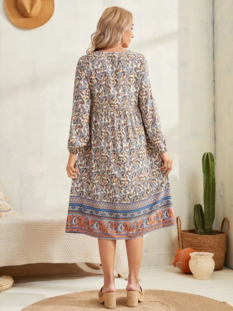 Tie Neck Floral Print Lantern Sleeve Smock Dress