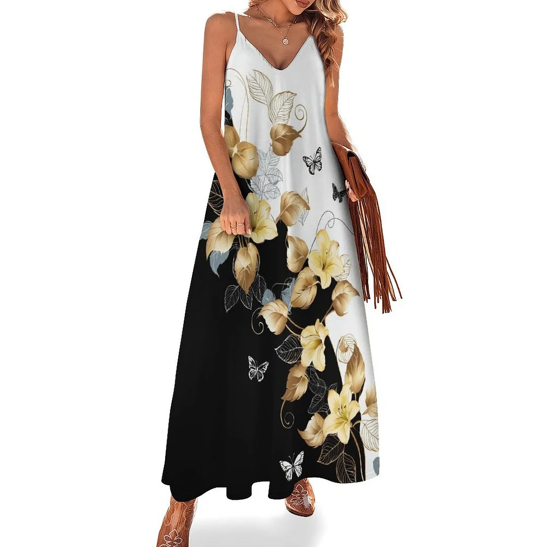 Style & Comfort for Mature Women Plus Size Printed Sling Casual Women Maxi Dress in Pattern Floral, Golden, Black