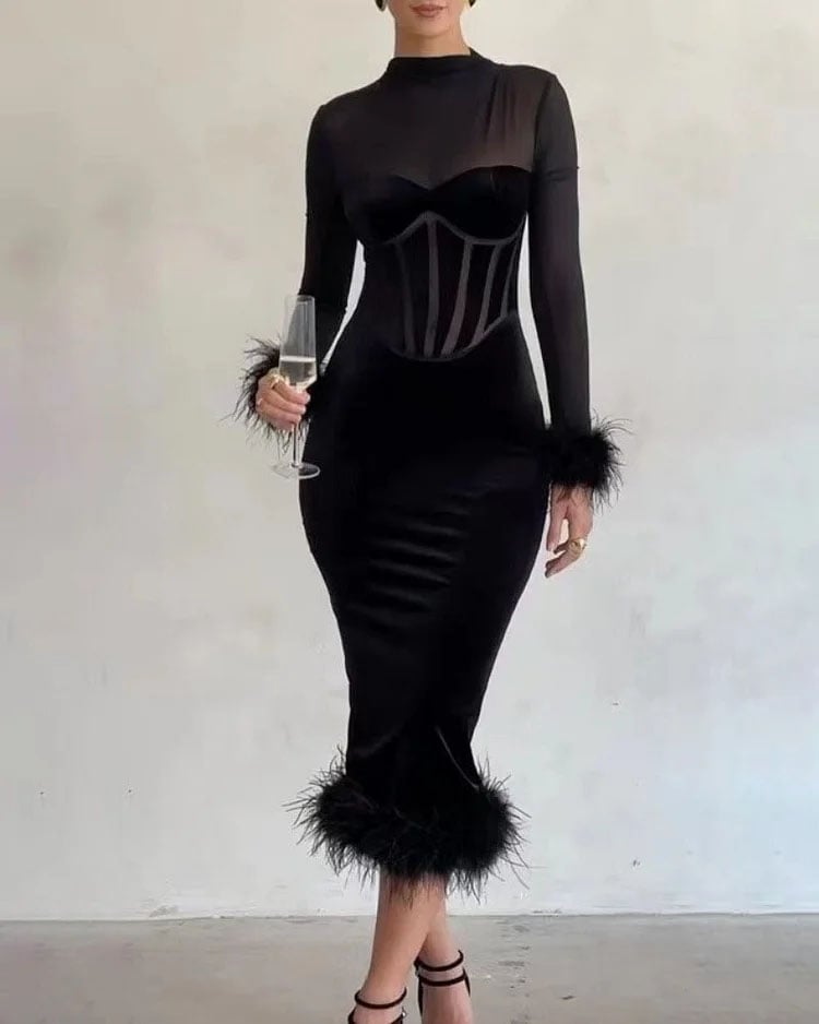 Sexy Black Feather High-neck Long-sleeved Dress – Vipsheep.com