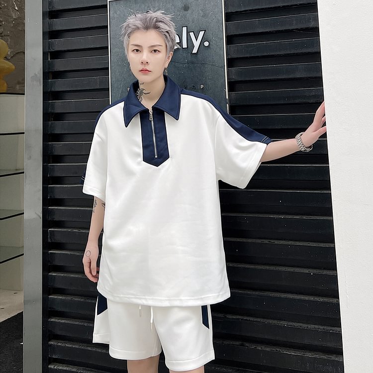 Dawfashion-Summer Color-blocking Lapel Short-sleeved T-shirt Casual Shorts Three-color Suit-Yamamoto Diablo Clothing