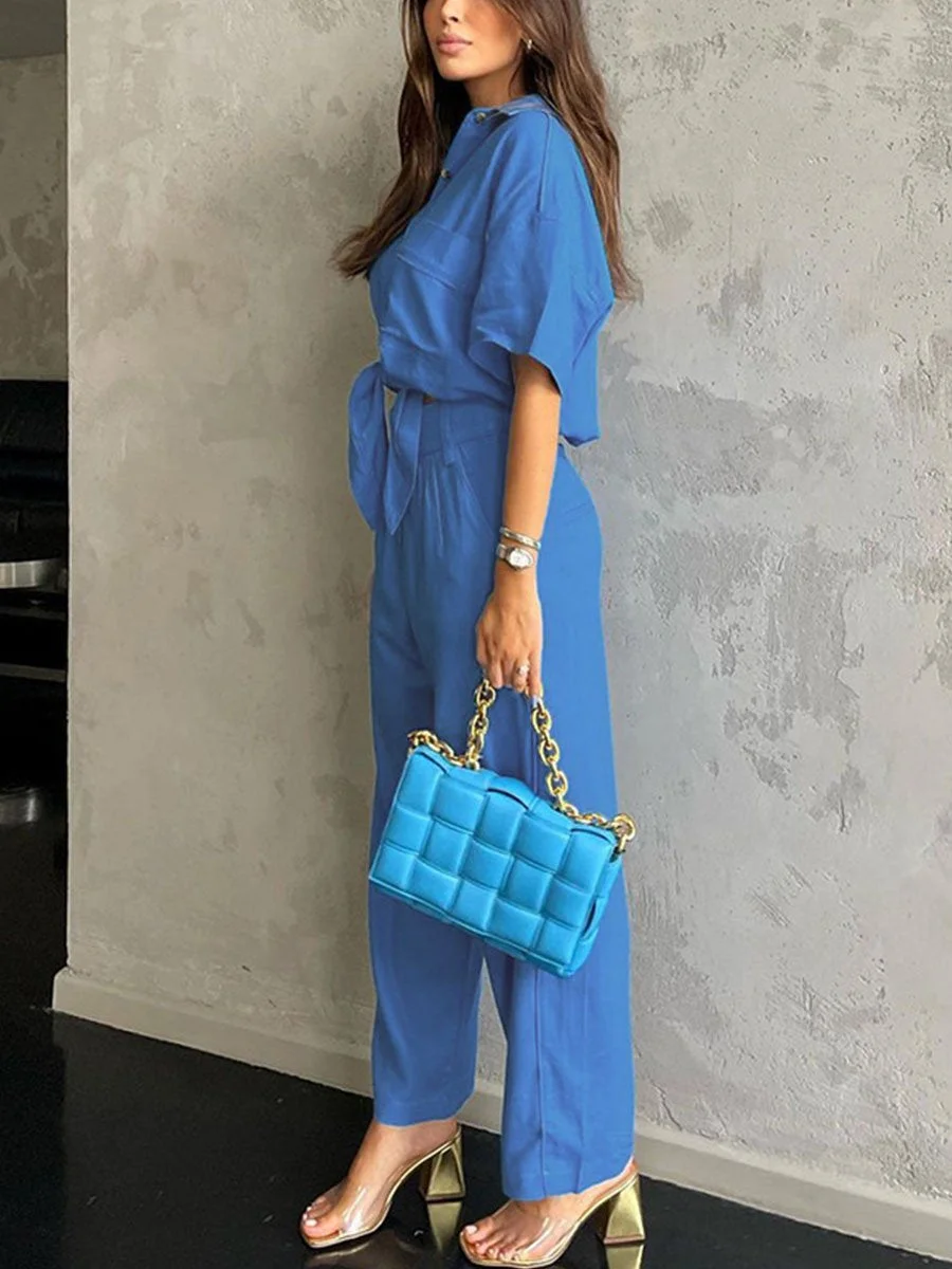 Short Sleeve Loose Top Cotton Linen Wide Leg Pants Suit