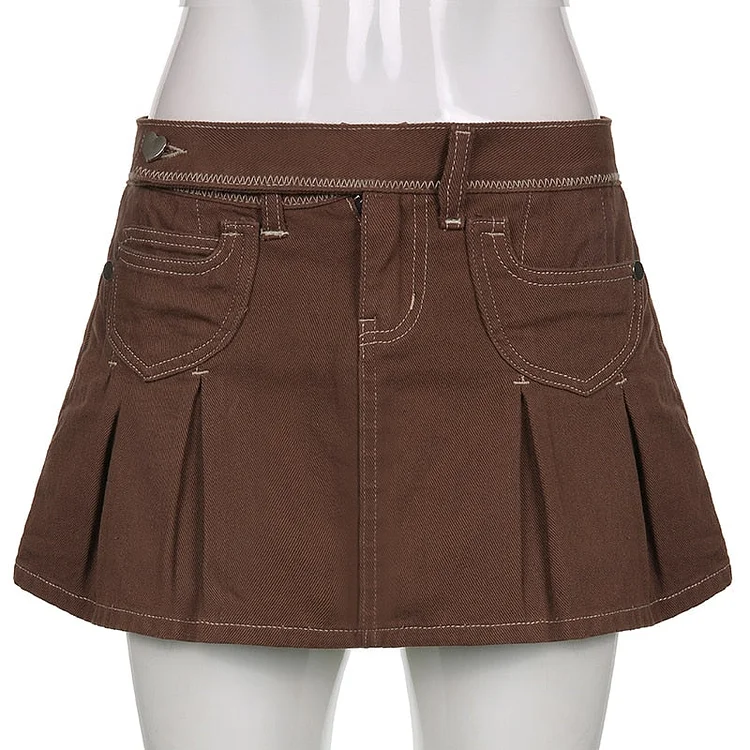 Sweetown Low Waist New Jean Skirts Womens 2000s Aesthetic Vintage Brown Preppy Style A Line Mini Skirt Cute Girl Streetwear