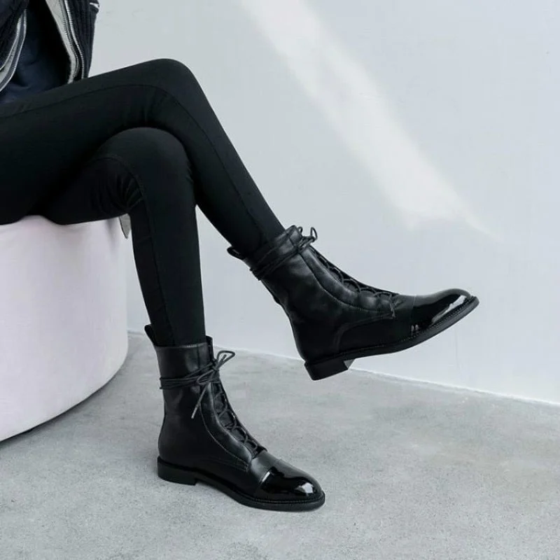 South Korea 100 British comfortable tie leather tip low heel Martin boot woman flat bottom short boot