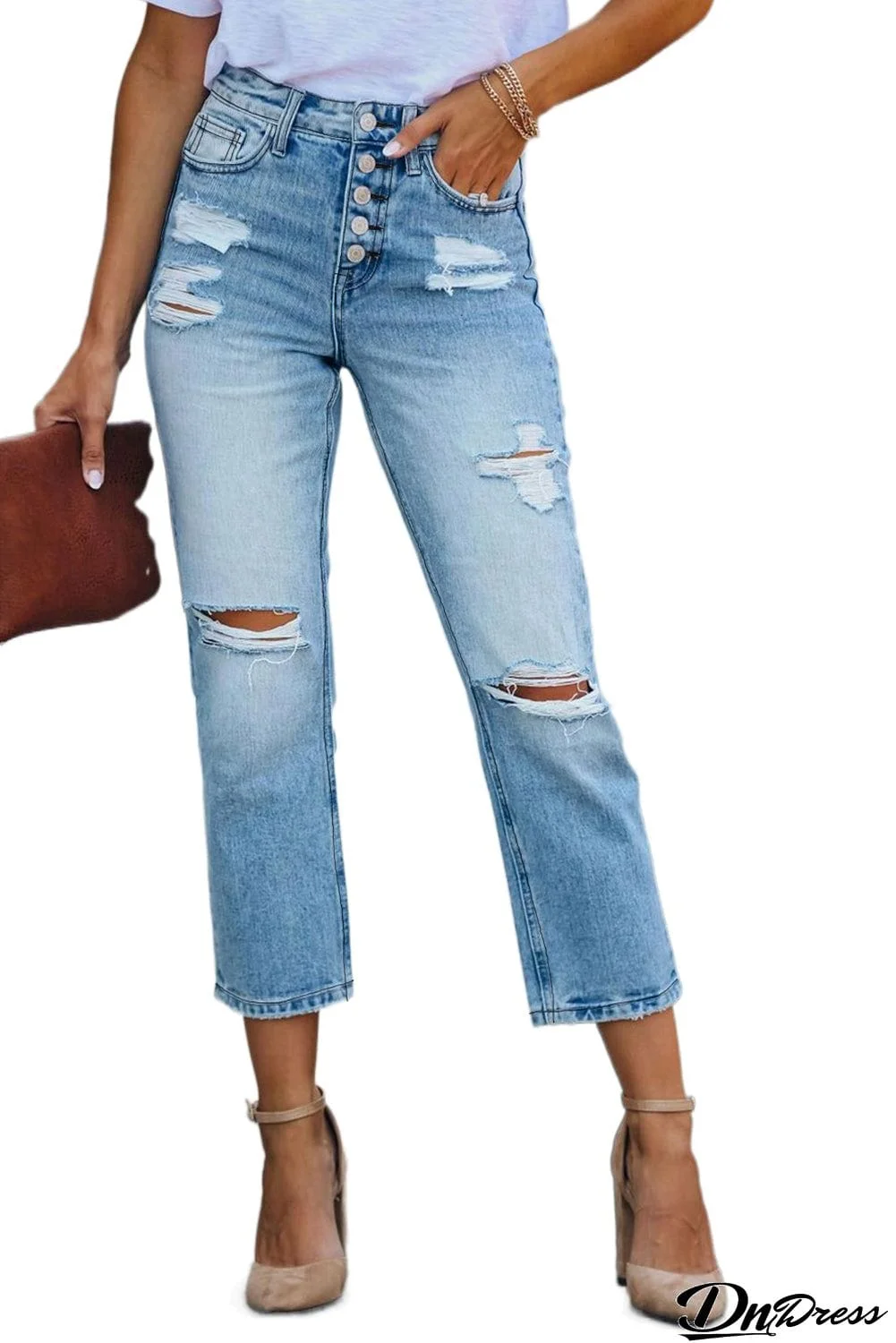 High Rise Button Front Distressed Denim Pants