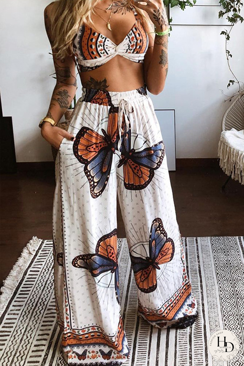 White Sexy Print Split Joint Spaghetti Strap Sleeveless Two Pieces