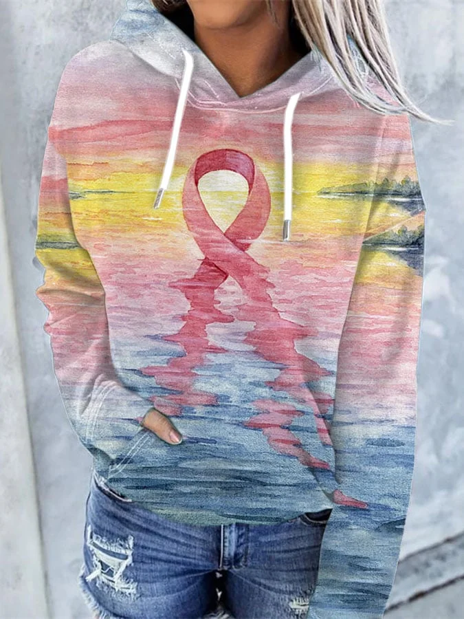 Women'S Casual Pink Ribbon Breast Cancer Art Printed Hooded Long-Sleeve Sweatshirt socialshop