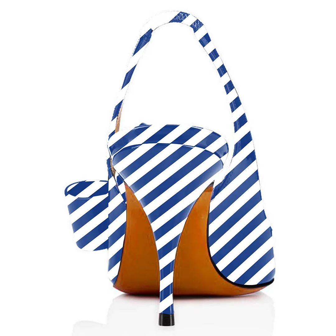 Blue & White Stripes Patent Leather Pointed Toe Bow Slingback Heels