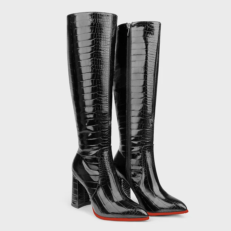 95mm/3.75 inch Fashion Zipper Crocodile Red bottom High Heels Knee-High Boots Thick Heel Pointed Toe Boots VOCOSI VOCOSI