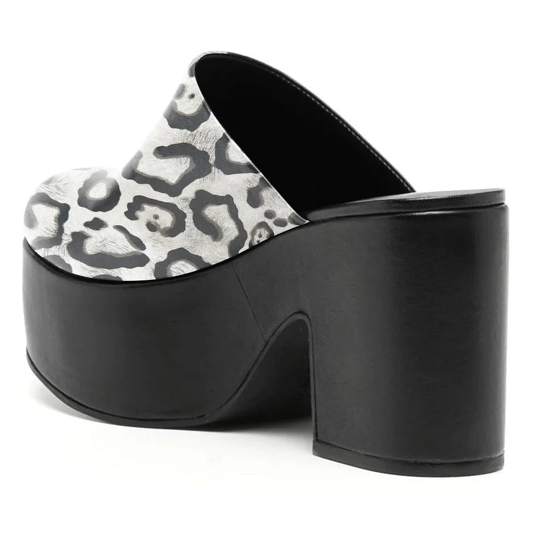 Black & White Block Heel Platform Mules Shoes with Leopard Print