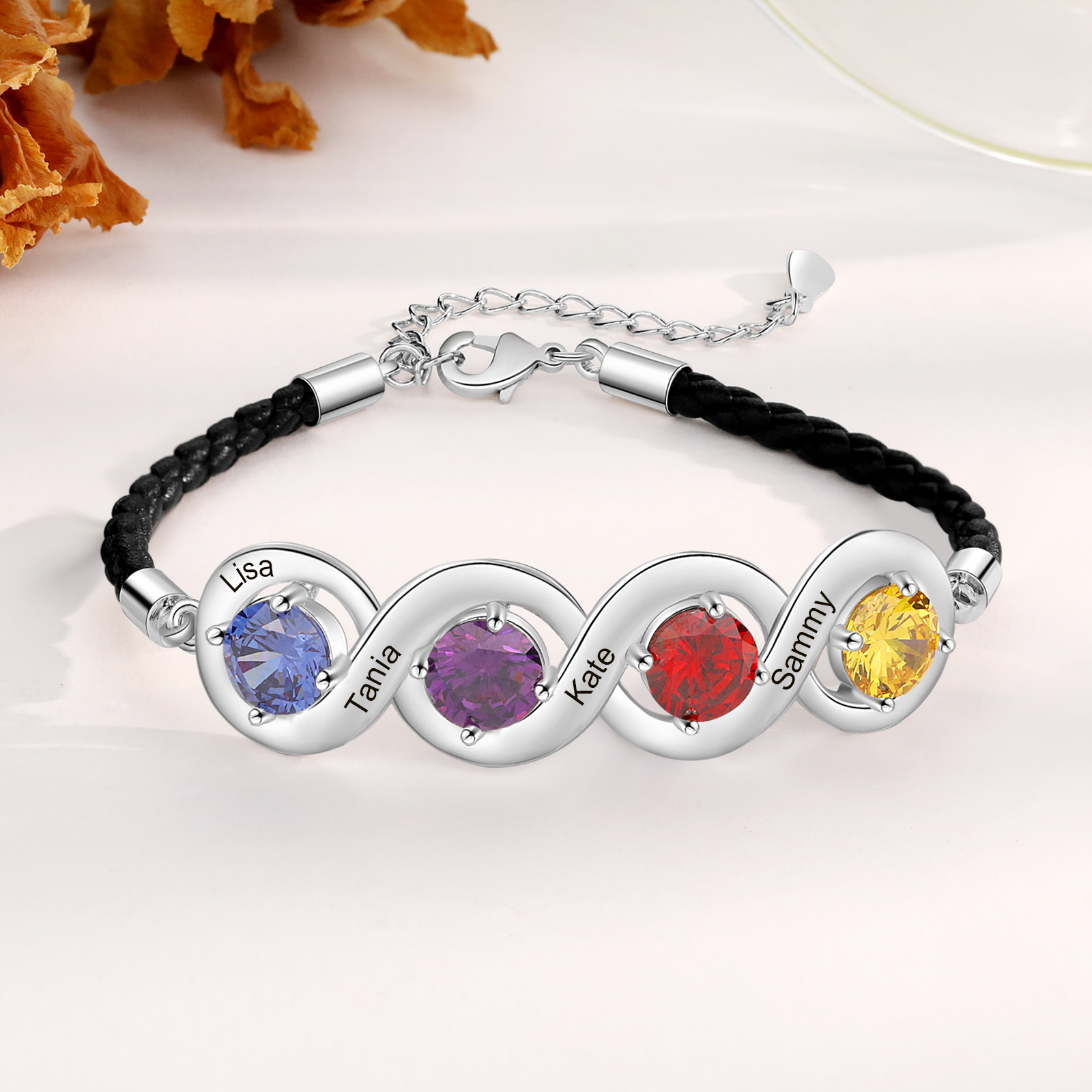 Braccialetto infinito personalizzato con 4 nomi e 4 pietre di nascita regalo per donna