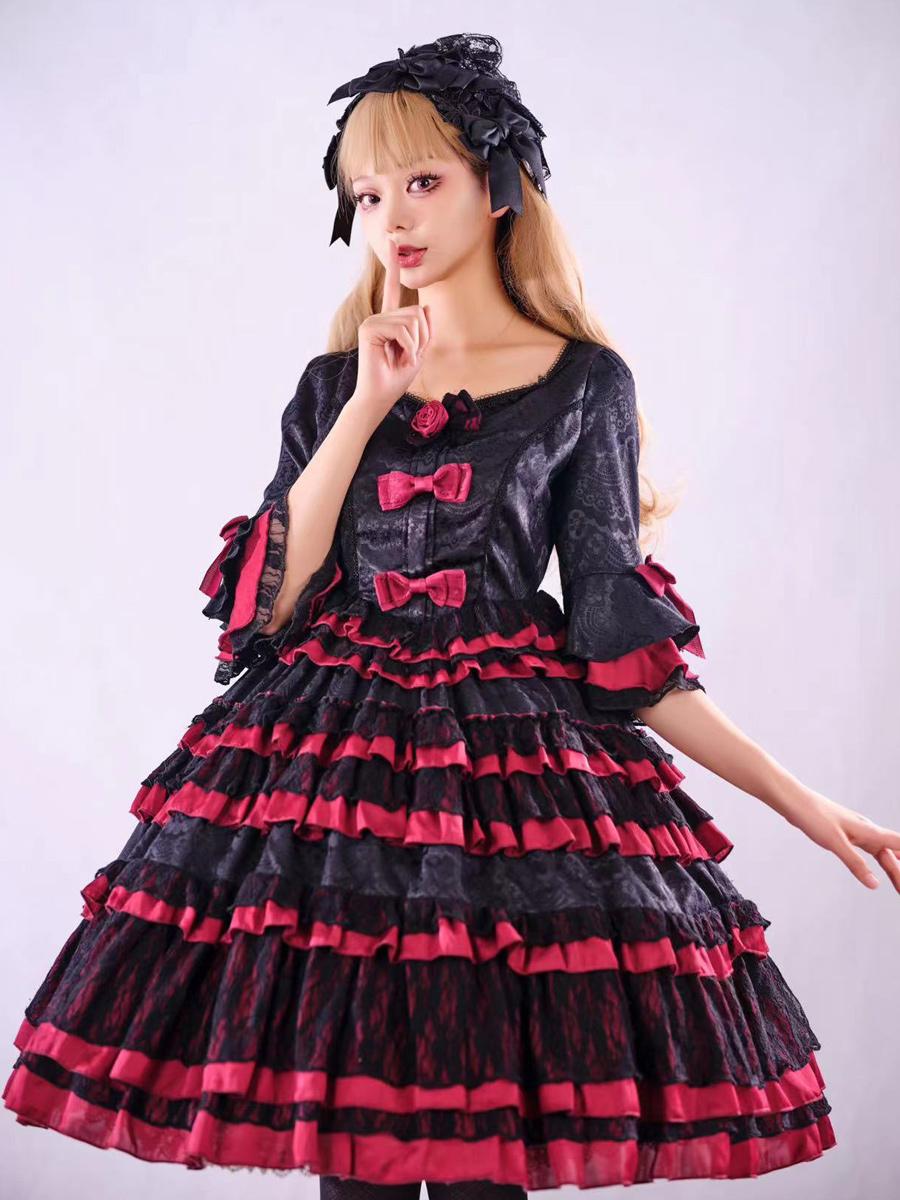  Gothic Layered Lace Floral Jacquard Red Black Lolita Dress