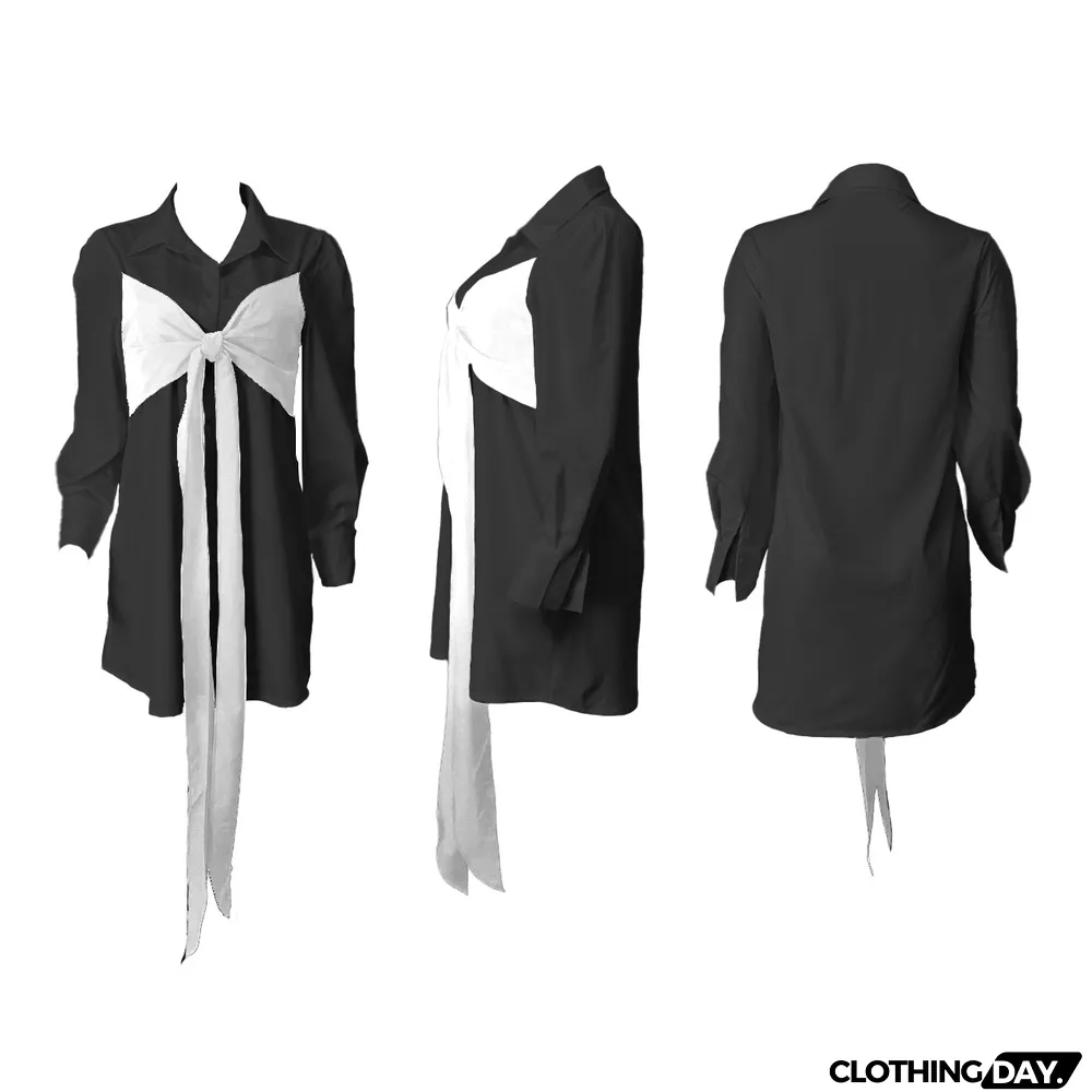 Contrast Colot Bow-Tie Long Sleeve Shirt Dress