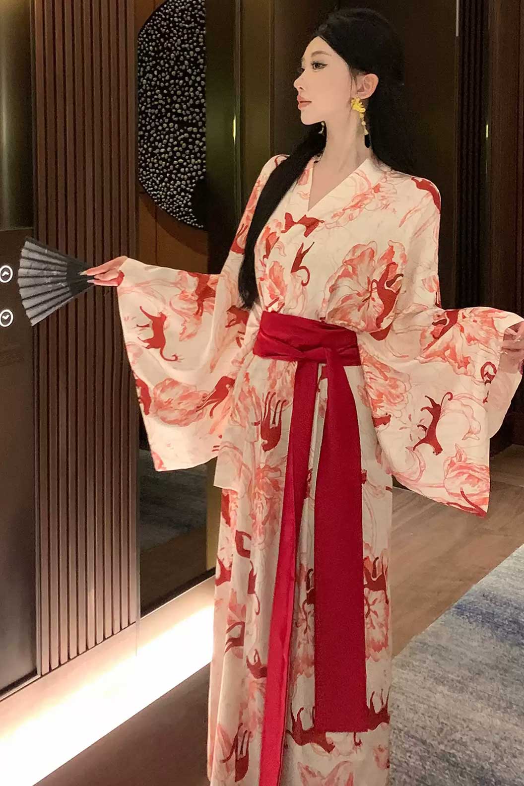 Kimono Robe Chinese Style Red Leopard Print in Ice Silk Satin - なつまつり Stupa Stones