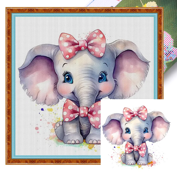 【Huacan Brand】Watercolor Bow Baby Elephant 11CT Stamped Cross Stitch 40*40CM