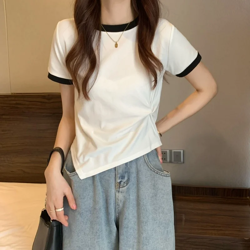 Uveng Uveng Female 2024 New Summer Design Sense Contrast Color T-Shirt Fashion Chic Irregular Short Student Jacket