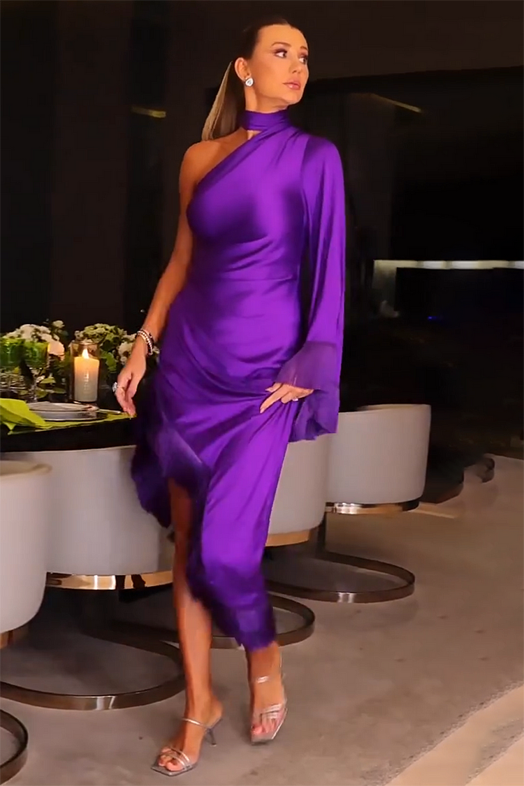 Halter One-Shoulder Flared Sleeve Slim Fit Fringed Irregular Hemline Midi Dresses-Purple