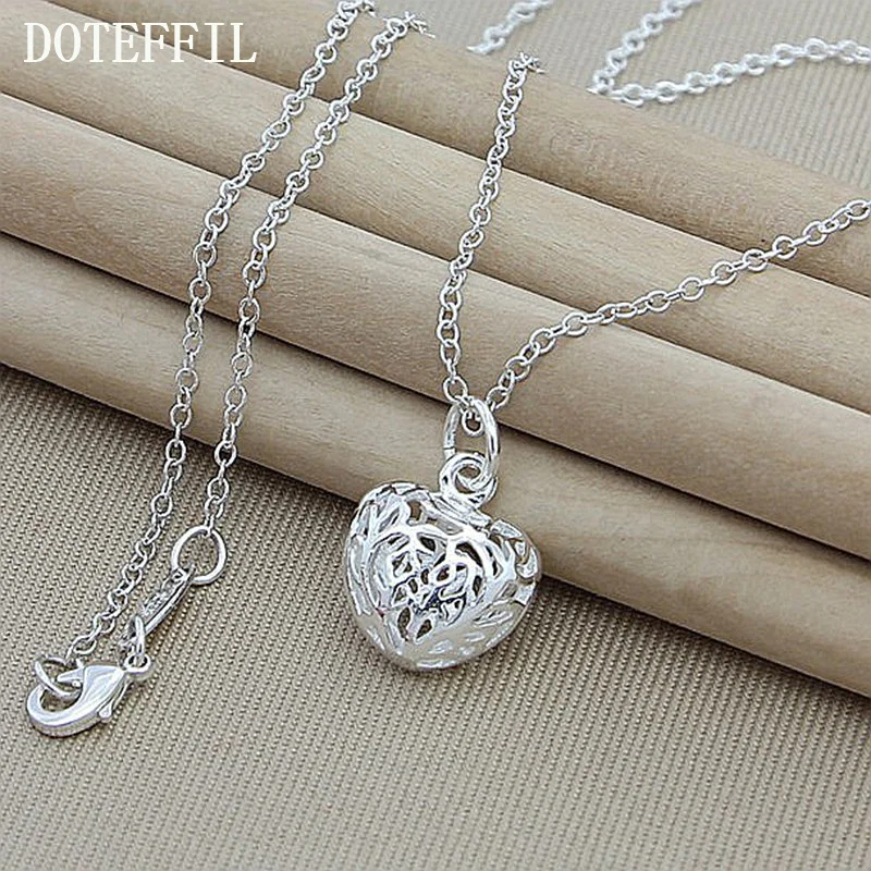 DOTEFFIL 925 Sterling Silver 18 Inch Chain Heart Ball Pendant Necklace For Woman Jewelry