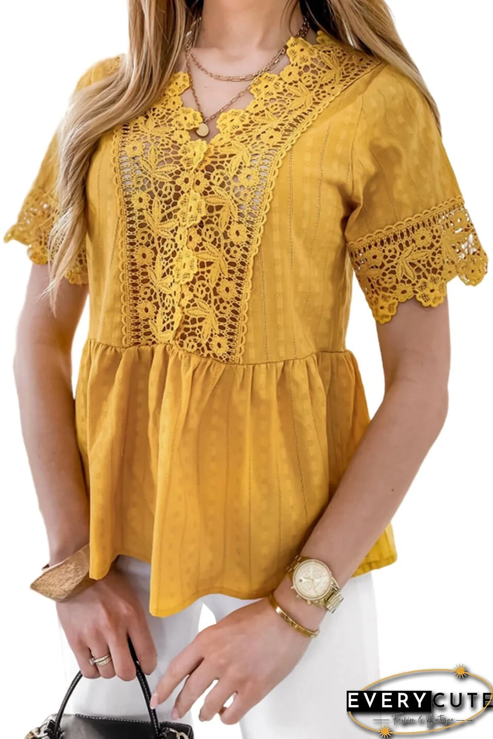 Yellow Lace Splicing V Neck Short Sleeve Shirt