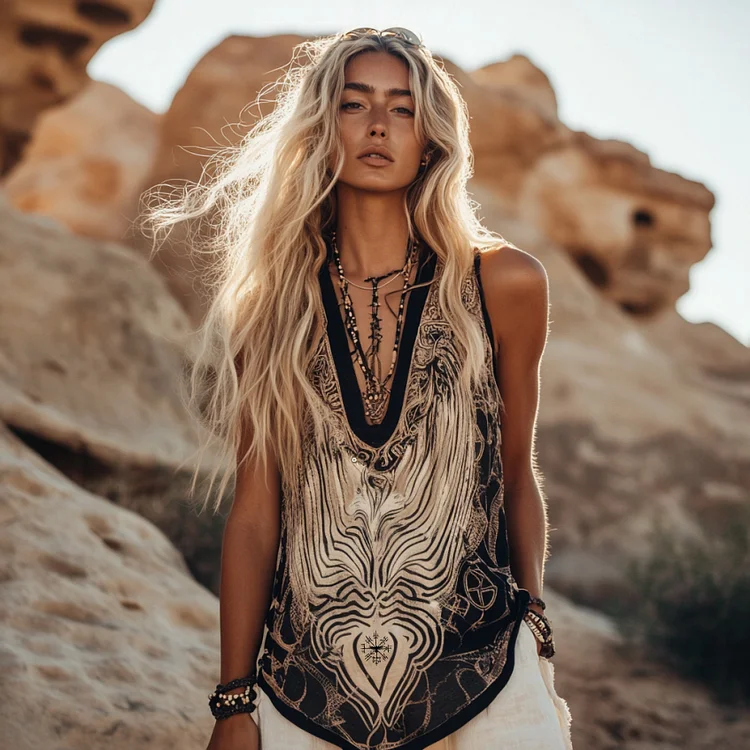 Utbros Women's Viking Tribal Ethnic Linen V-neek Sleeveless Top