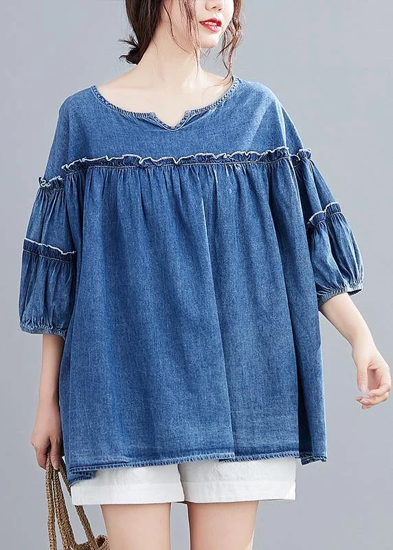 French v neck lantern sleeve cotton summer top Outfits denim blue shirts