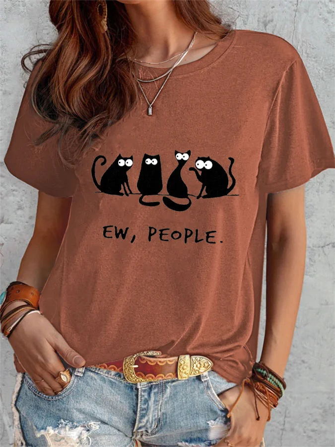 Ew,People Black Cat Print T-shirt