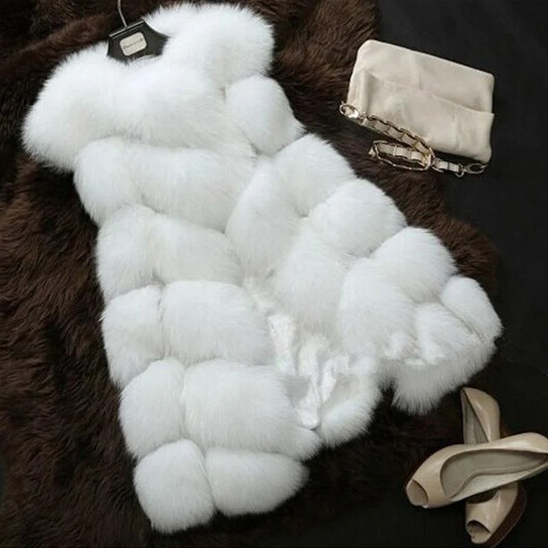 FTLZZ Winter Women Faux Fur Coats New Warm Slim Sleeveless Faux Fox Fur Vest Casual Jacket Female Elegant Black White Casaco