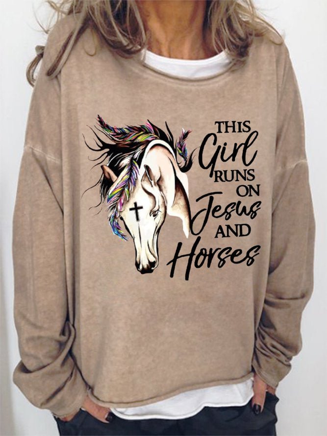Long Sleeve Crew Neck Horse This Girl Run On Jesus And Horses Casual Sweatshirt