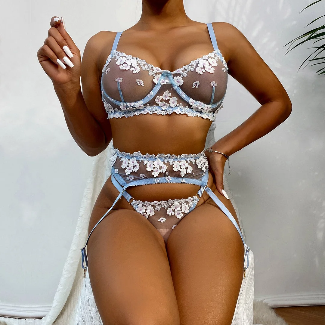 Yimunancy Lingerie Floral Embroidered Bra Set, 3-Piece Female Transparent Bra + Panties, Sexy Underwear, Underwear Set