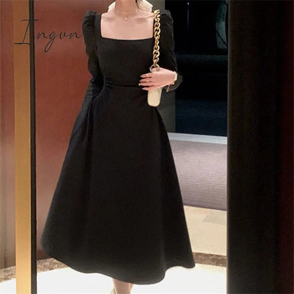 Ingvn - Women Long Sleeve Square Collar White Wedding Dresses Autumn Lady Korean Fashion Elegant