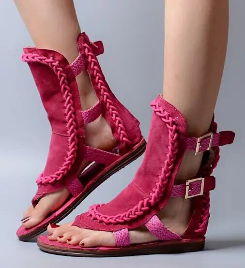 VCSHOES Rome Style Gladiator Sandals Women Flat Dress Shoes Suede Leather Weave Buckle Ankle Boots Casual Shoes Woman Botas
