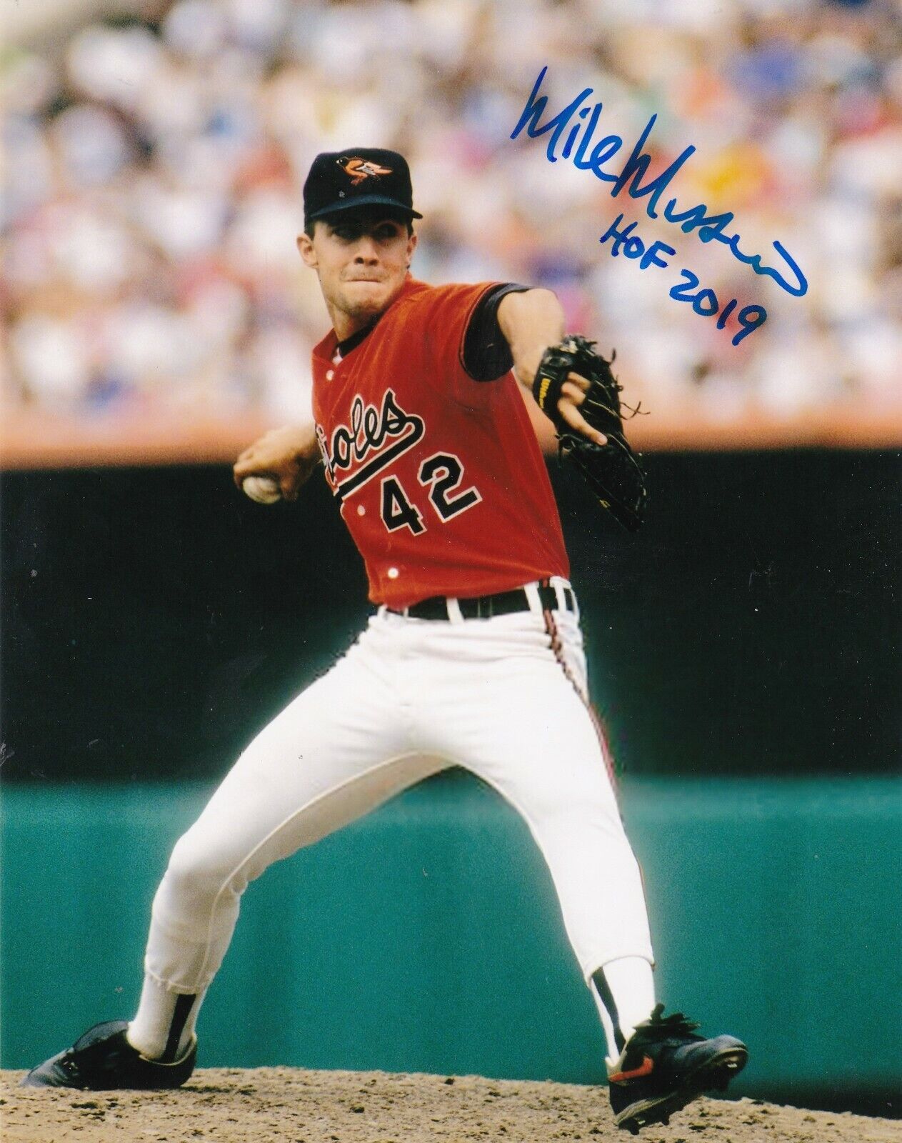 MIKE MUSSINA BALTIMORE ORIOLES HOF 2019 ROOKIE Photo Poster painting ACTION SIGNED 8x10