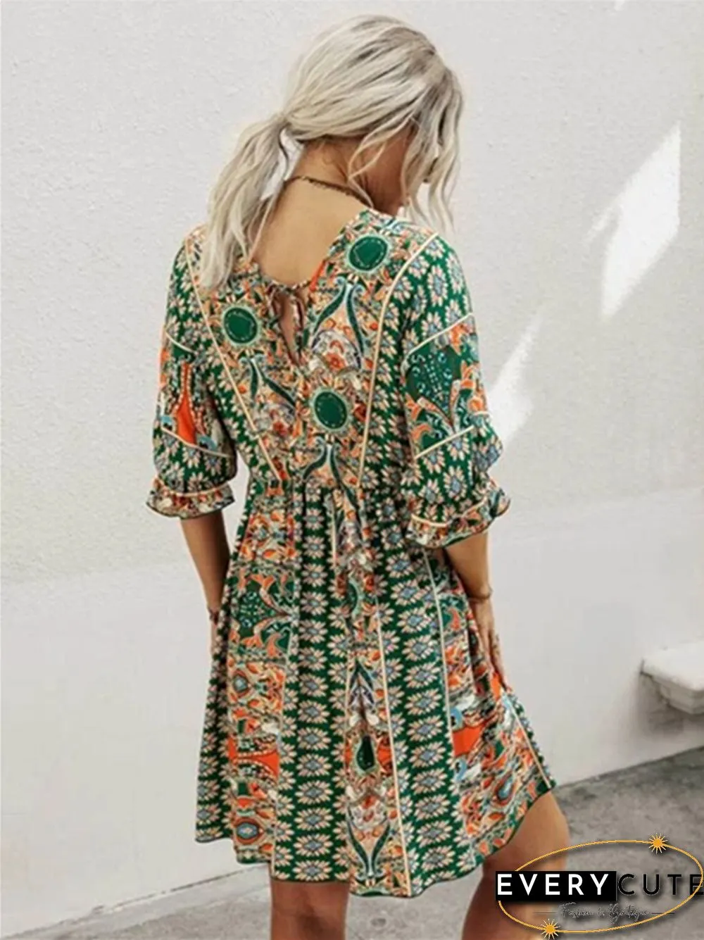V-neck Waist Print Dress Print Dresses