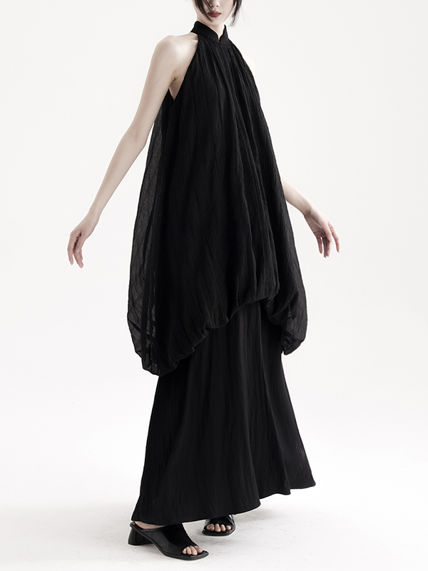 Jellyfish-inspired Flared Hem Halterneck Sleeveless Solid Color Loose Maxi Dress