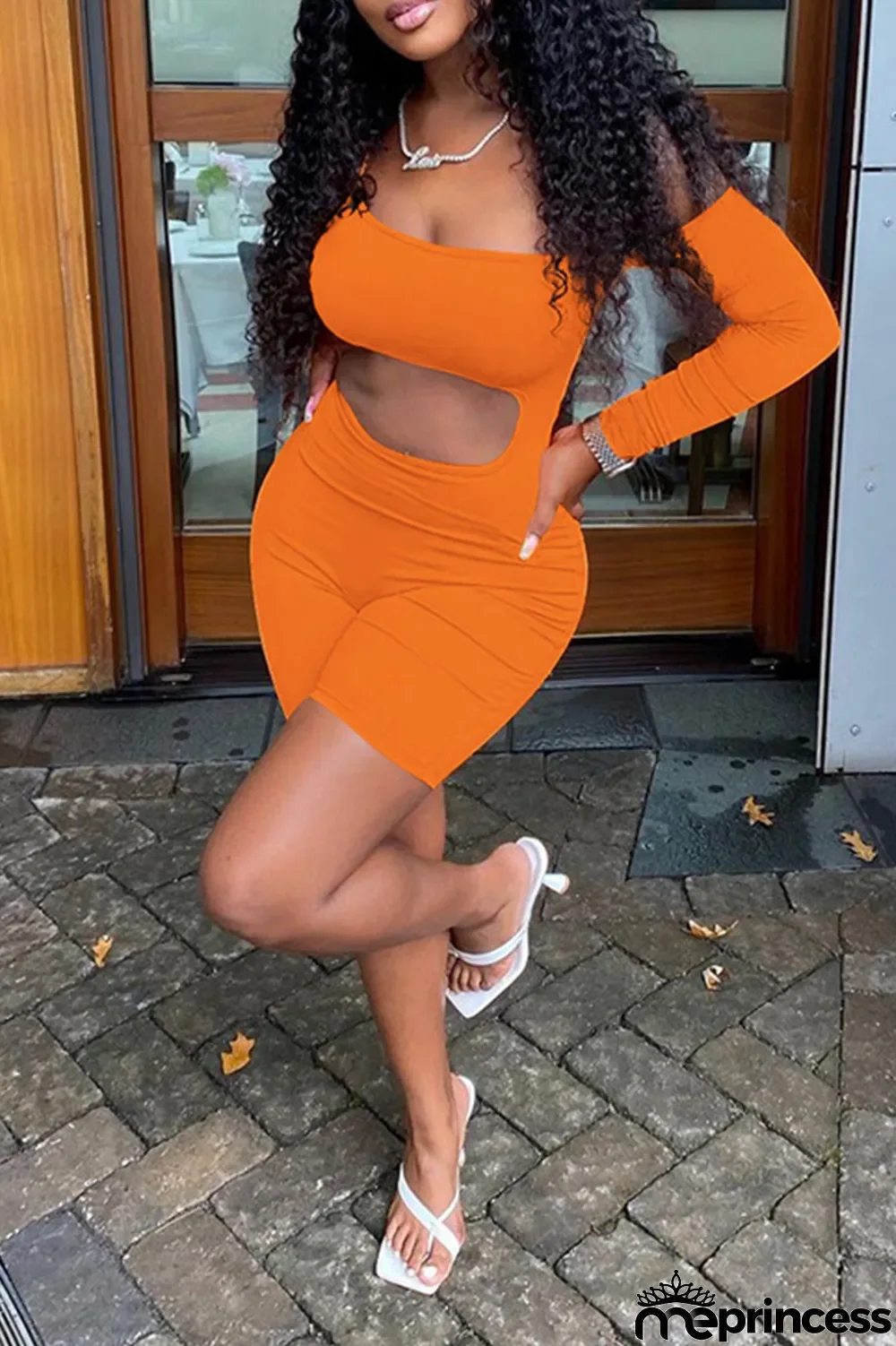 Tangerine Red Sexy Solid Hollowed Out Off the Shoulder Skinny Jumpsuits
