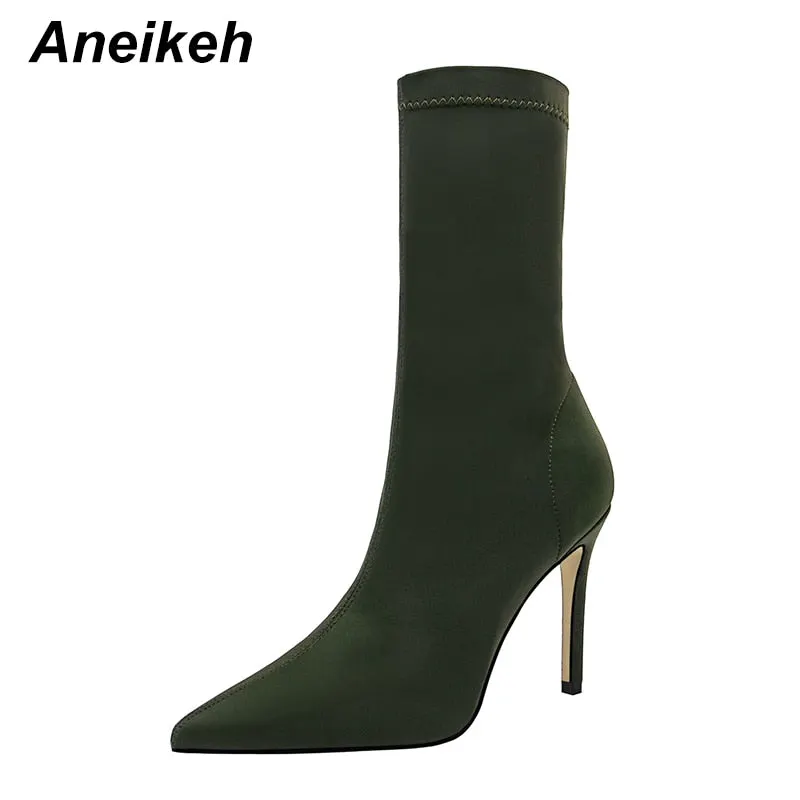 Aneikeh New Boots Women 2021 Autumn Fashion Ankle Pointed Toe Shoes Stretch Cross-Tied Lace-Up Stiletto High Heel Botas Mujer 42