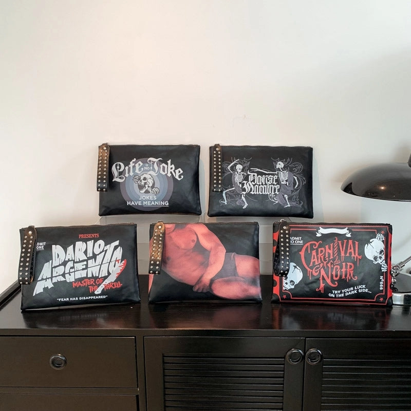 Halloween Women's Medium Pu Leather Letter Skull Punk Streetwear Square Zipper Clutch Bag