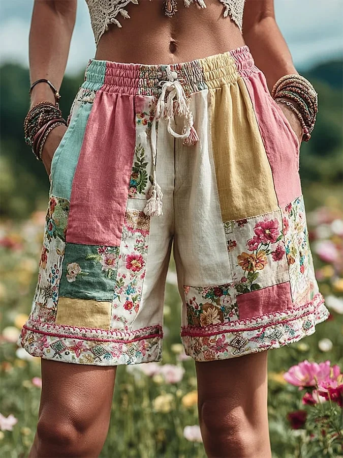 Women's Patchwork Floral Contrast Waist Drawstring Pocket Shorts 
