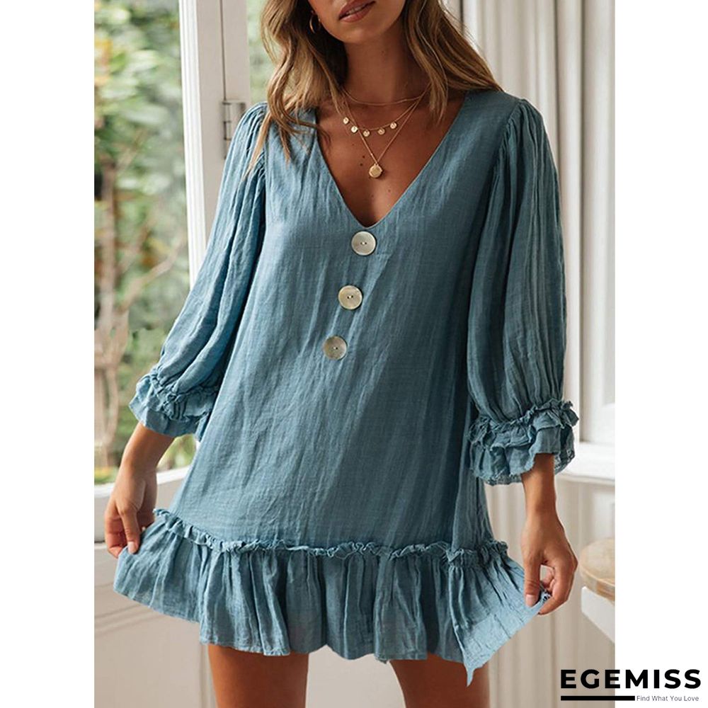 A-line Skirt Loose Long Sleeve Ruffle Hem Cotton Linen Dress | EGEMISS
