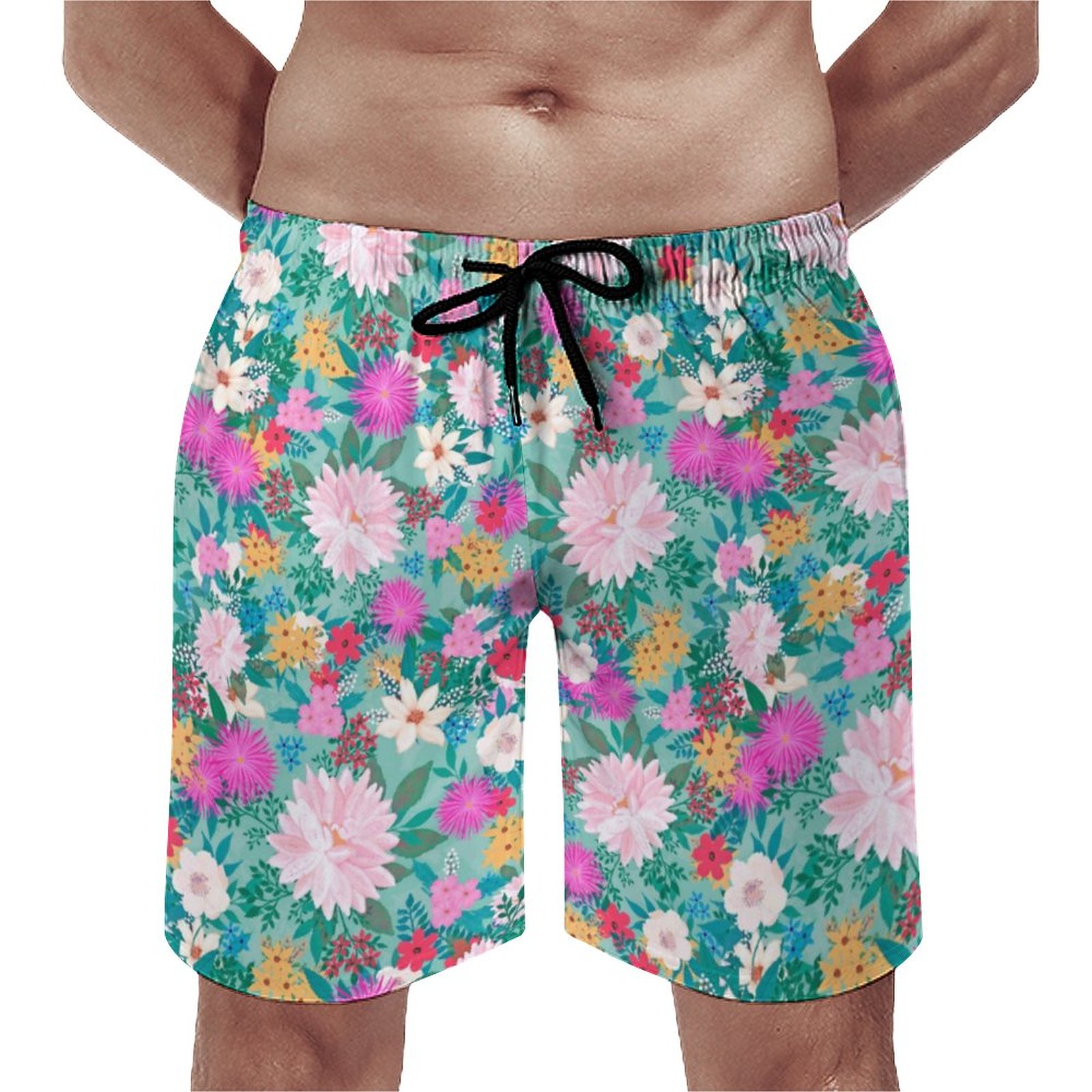 Cute Girly Pink Mint Hand Paint Floral Design Elegant Men's Swim Trunks Summer Board Shorts Quick Dry Beach Short with Pockets