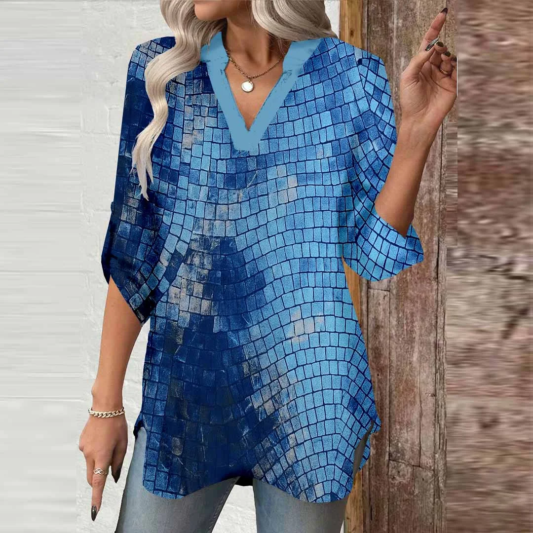 Women Textured, Blue DZGA0489 3/4 Sleeve V-neck Printed Graphic Button Tops