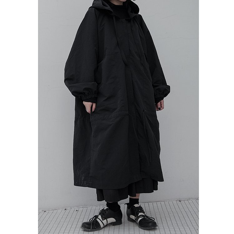 -336-1P165 Yamamoto Wind Couple Dark Black Hooded Trench Coat-Usyaboys-Mne and Women's Street Fashion Shop-Christmas