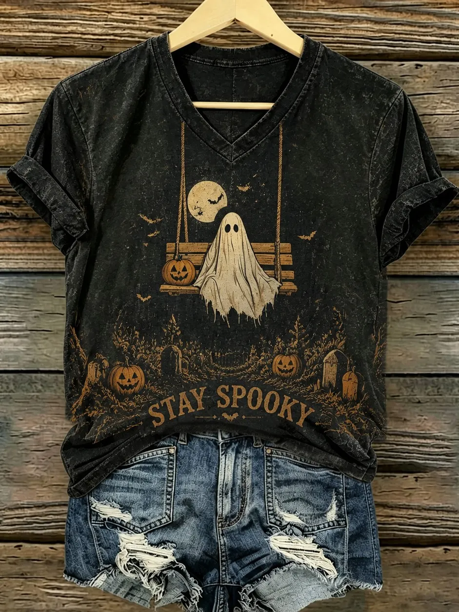 Comstylish Women's Retro Halloween Theme Ghost Print T-shirt
