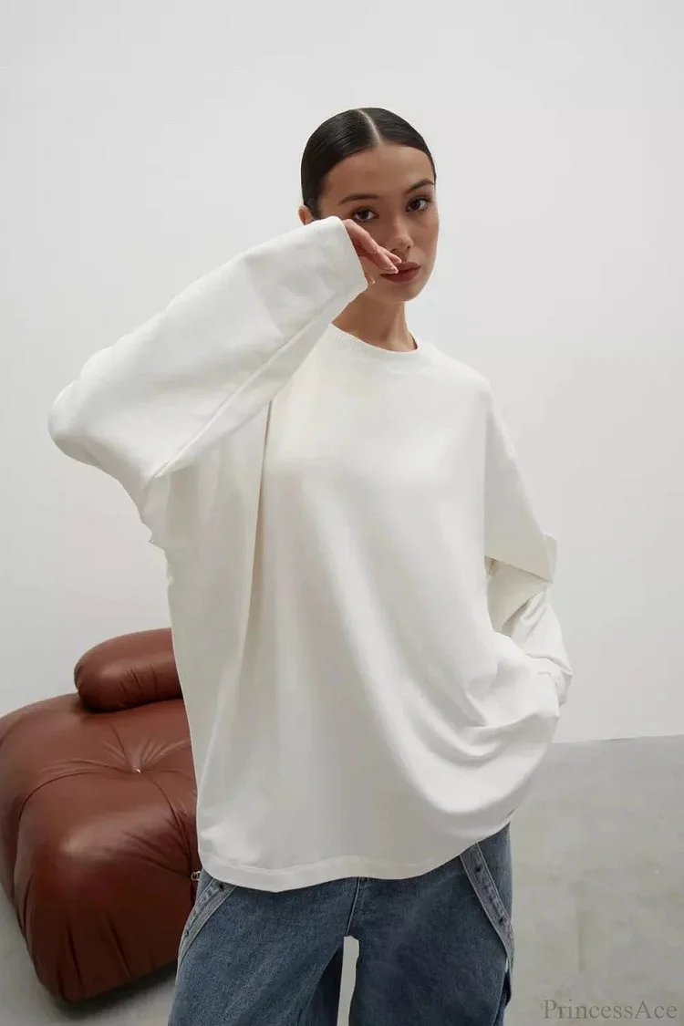 Solid Color Crew Neck Loose Casual Long Sleeve Tee