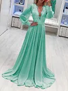 Deep V-Neck Embroidered Long Sleeve Evening Maxi Dress