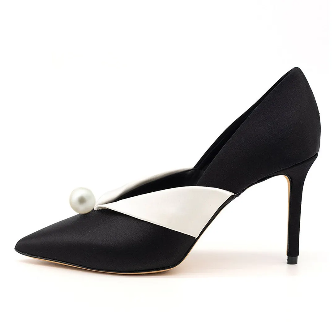 Black & White Satin Pearl Stiletto Heel Fold-Over Pumps for Women