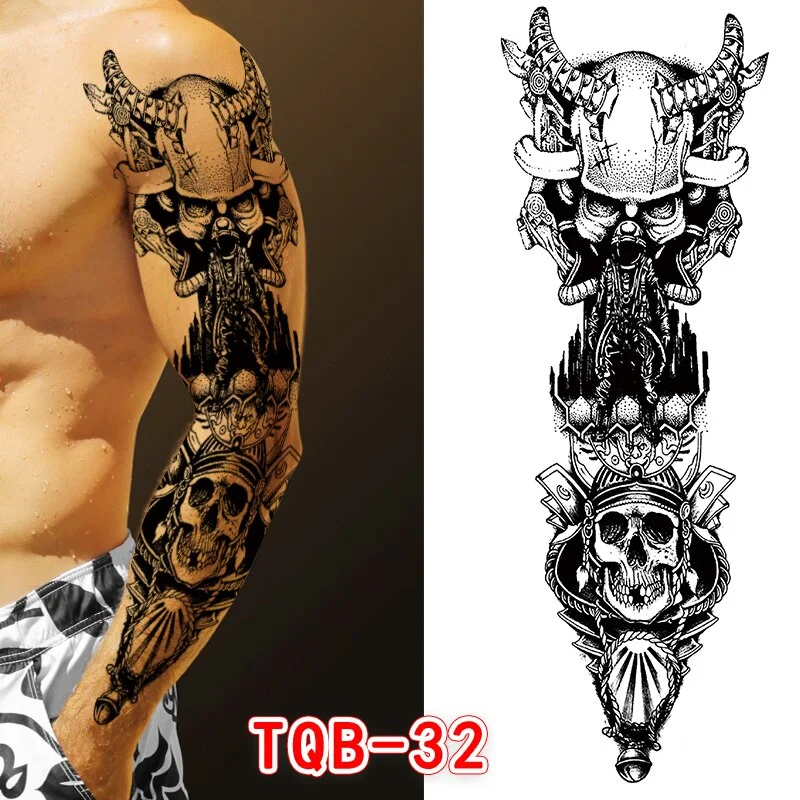 Sdrawing Temporari Tattoo Sticker for Men Death Skull Henna Skeleton King Animal Arm Leg Tatoo Pattern Fake Tattoo for Woman